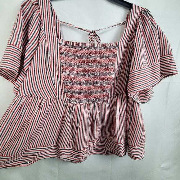 Old Navy 2x Plus White Striped Blouse Open Back - Picture 3 of 8